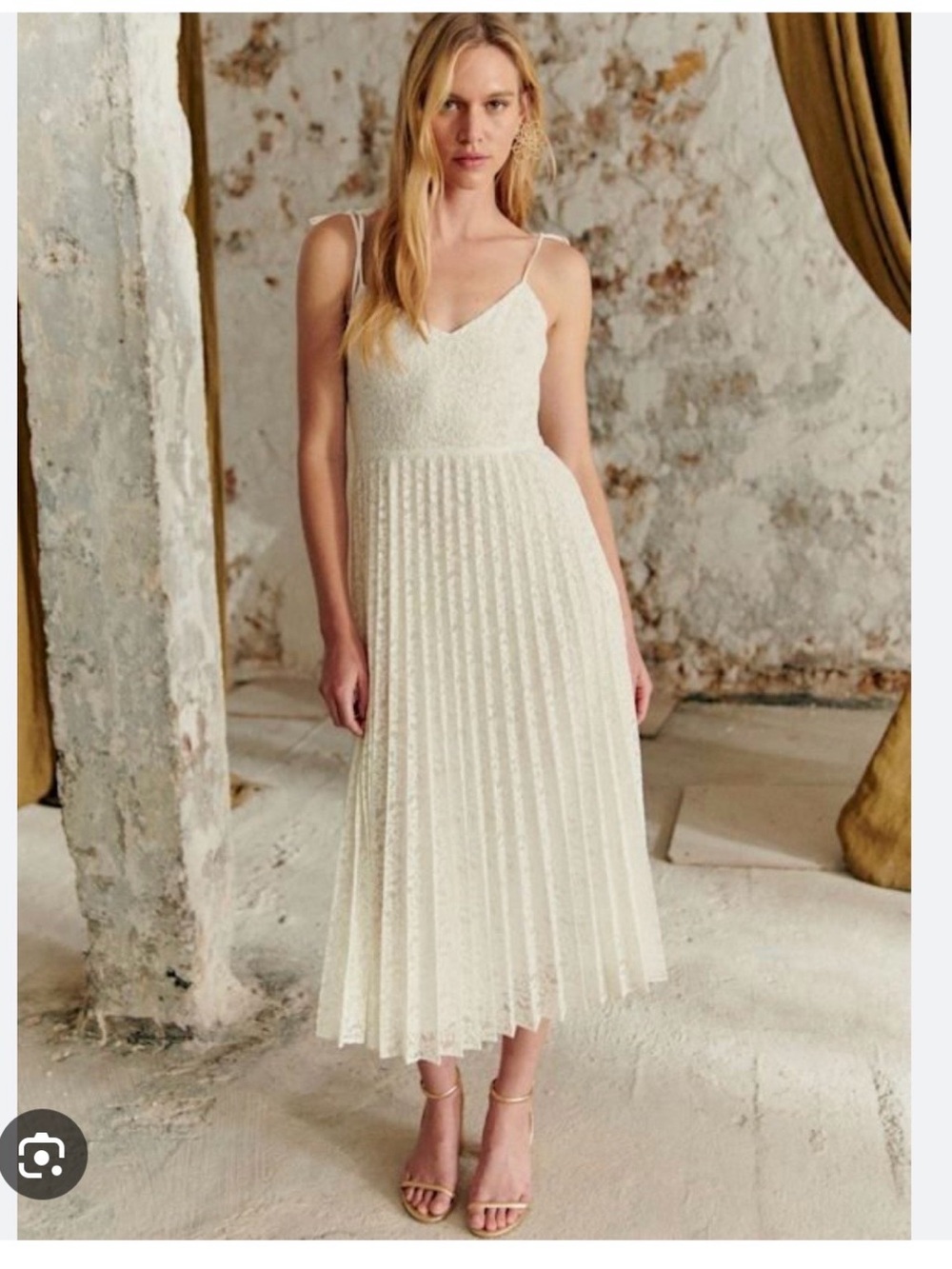 Sezane “Nissa” White Lace Pleated Midi Dress